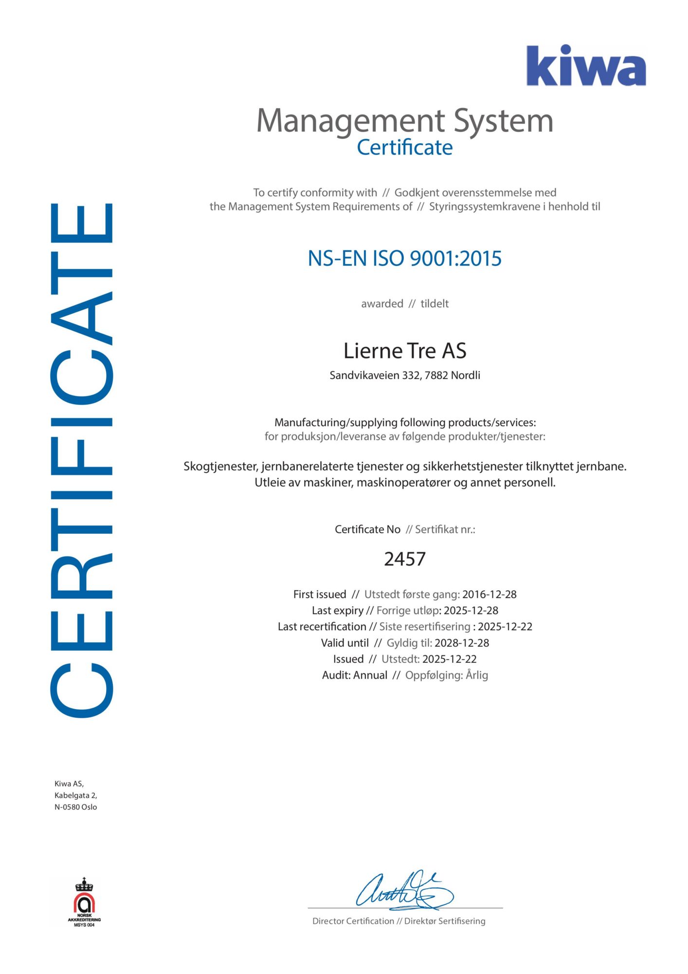 Sertifikat 9001 Lierne Tre 2025